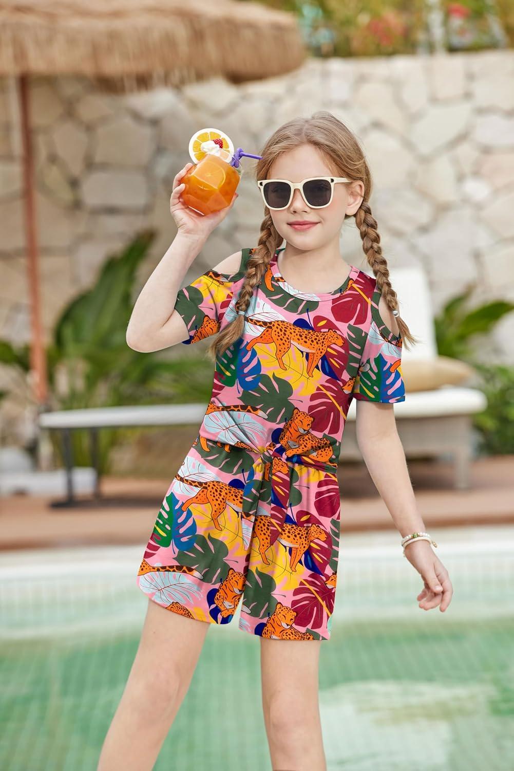 image:imageArshiner Girls Short Sets 2 Pieces Outfits Short Sleeve Tie Knot TShirts and Casual Shorts With Pockets Cute Clothes SetsHawaiian
