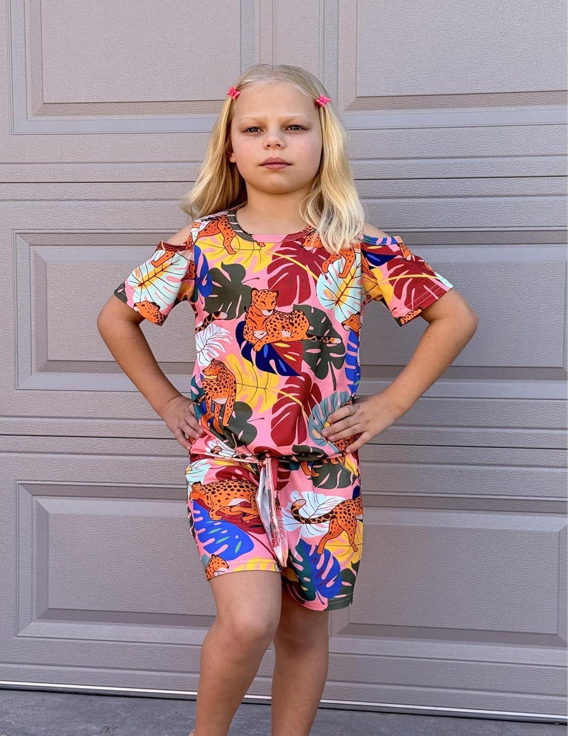 image:imageArshiner Girls Short Sets 2 Pieces Outfits Short Sleeve Tie Knot TShirts and Casual Shorts With Pockets Cute Clothes SetsHawaiian