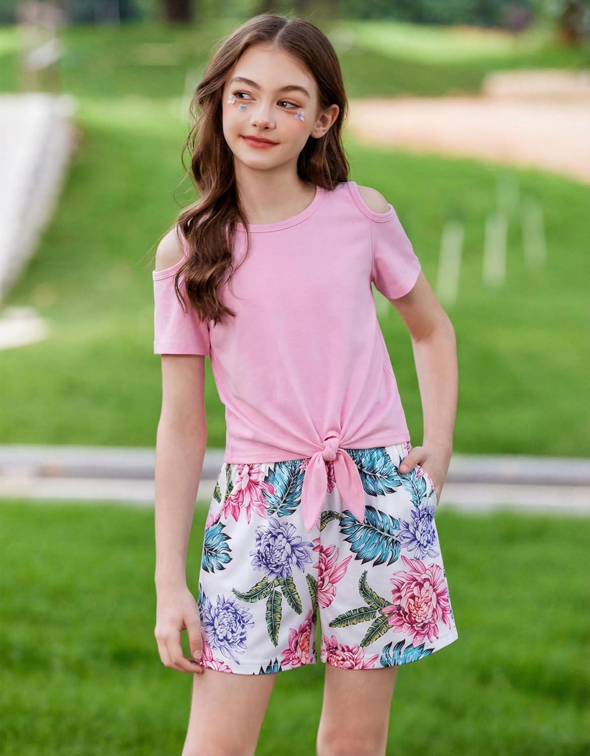 image:imageArshiner Girls Short Sets 2 Pieces Outfits Short Sleeve Tie Knot TShirts and Casual Shorts With Pockets Cute Clothes SetsPink Floral Print