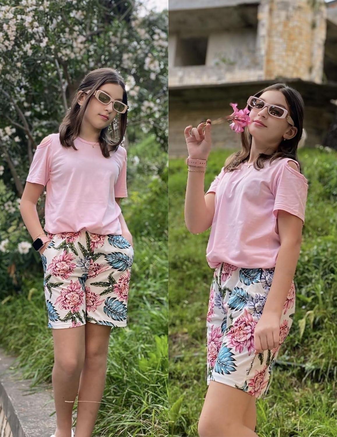image:imageArshiner Girls Short Sets 2 Pieces Outfits Short Sleeve Tie Knot TShirts and Casual Shorts With Pockets Cute Clothes SetsPink Floral Print