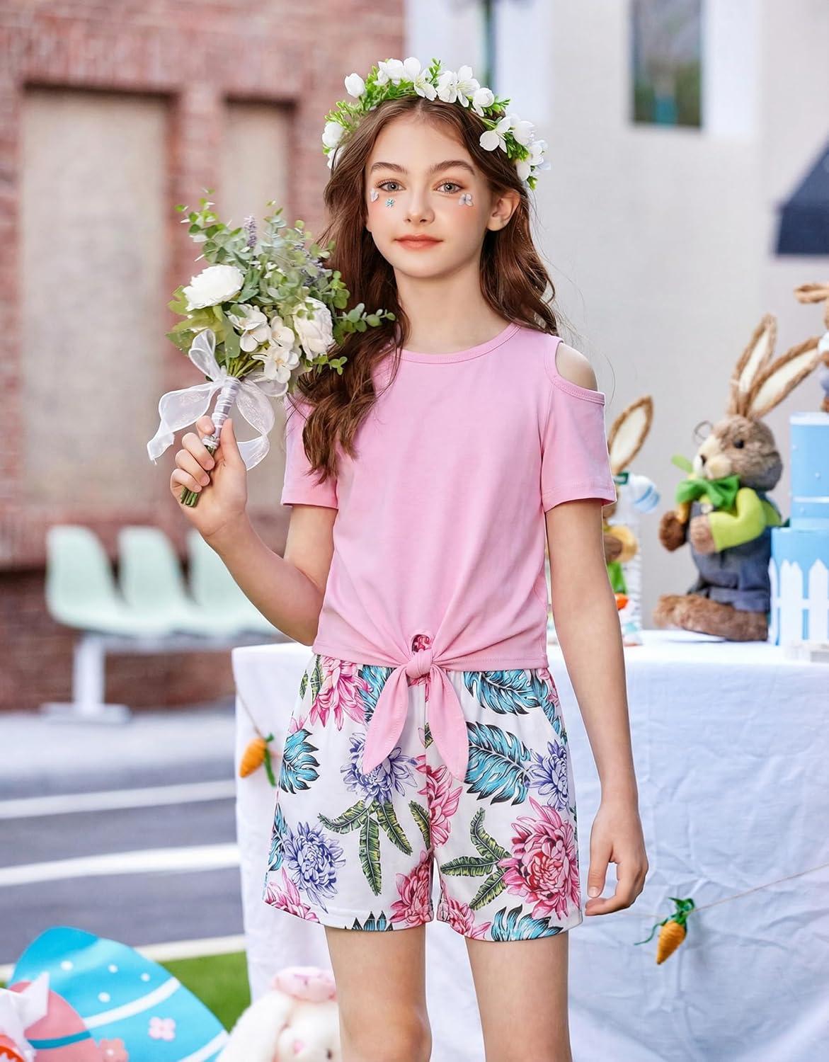 image:imageArshiner Girls Short Sets 2 Pieces Outfits Short Sleeve Tie Knot TShirts and Casual Shorts With Pockets Cute Clothes SetsPink Floral Print