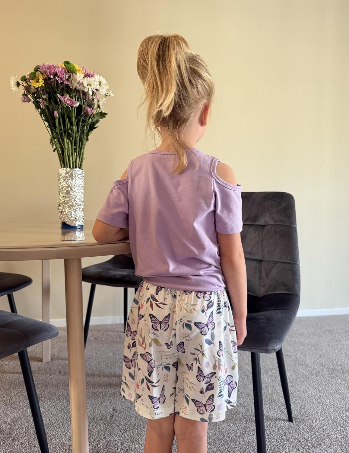 image:imageArshiner Girls Short Sets 2 Pieces Outfits Short Sleeve Tie Knot TShirts and Casual Shorts With Pockets Cute Clothes SetsPurple Butterfly
