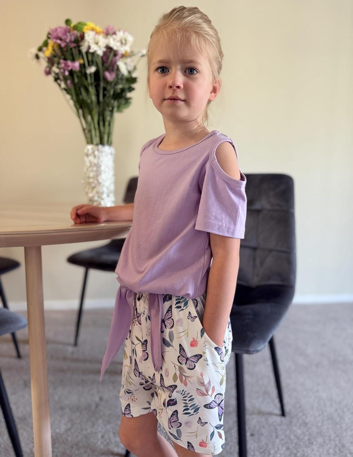 image:imageArshiner Girls Short Sets 2 Pieces Outfits Short Sleeve Tie Knot TShirts and Casual Shorts With Pockets Cute Clothes SetsPurple Butterfly