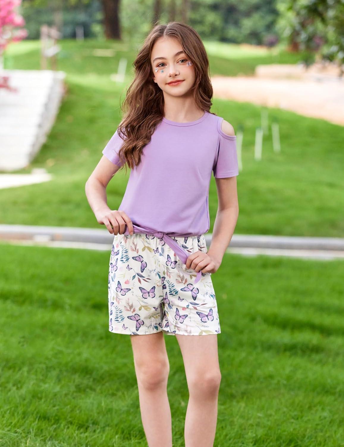 image:imageArshiner Girls Short Sets 2 Pieces Outfits Short Sleeve Tie Knot TShirts and Casual Shorts With Pockets Cute Clothes SetsPurple Butterfly