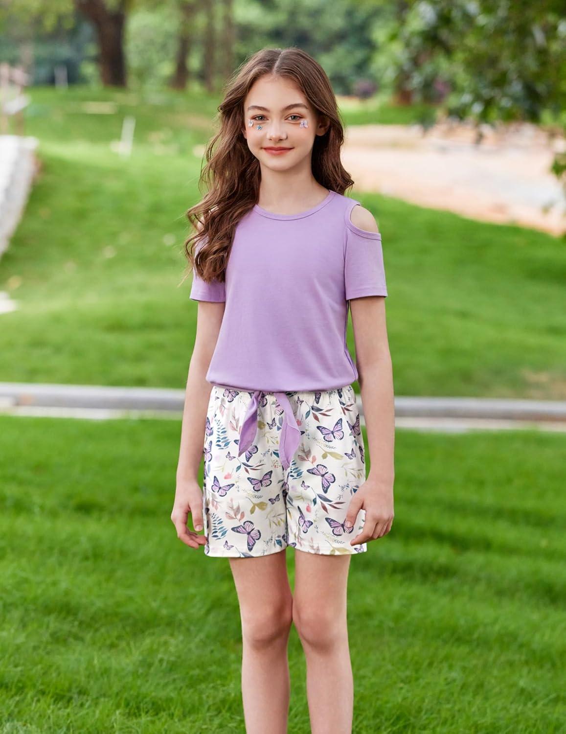 image:imageArshiner Girls Short Sets 2 Pieces Outfits Short Sleeve Tie Knot TShirts and Casual Shorts With Pockets Cute Clothes SetsPurple Butterfly