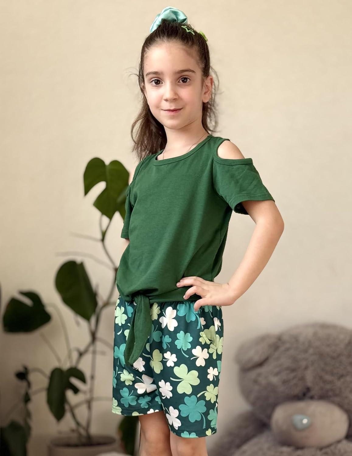 image:imageArshiner Girls Short Sets 2 Pieces Outfits Short Sleeve Tie Knot TShirts and Casual Shorts With Pockets Cute Clothes SetsShamrock