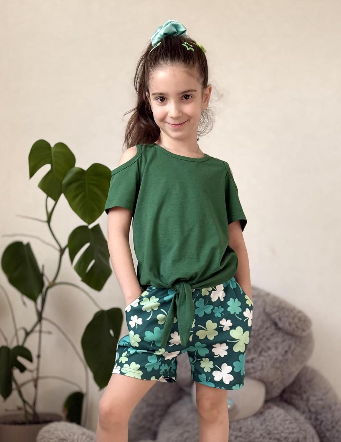 image:imageArshiner Girls Short Sets 2 Pieces Outfits Short Sleeve Tie Knot TShirts and Casual Shorts With Pockets Cute Clothes SetsShamrock