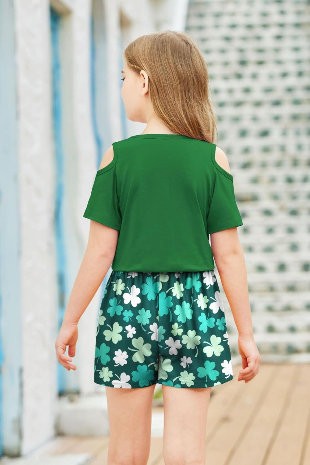 image:imageArshiner Girls Short Sets 2 Pieces Outfits Short Sleeve Tie Knot TShirts and Casual Shorts With Pockets Cute Clothes SetsShamrock