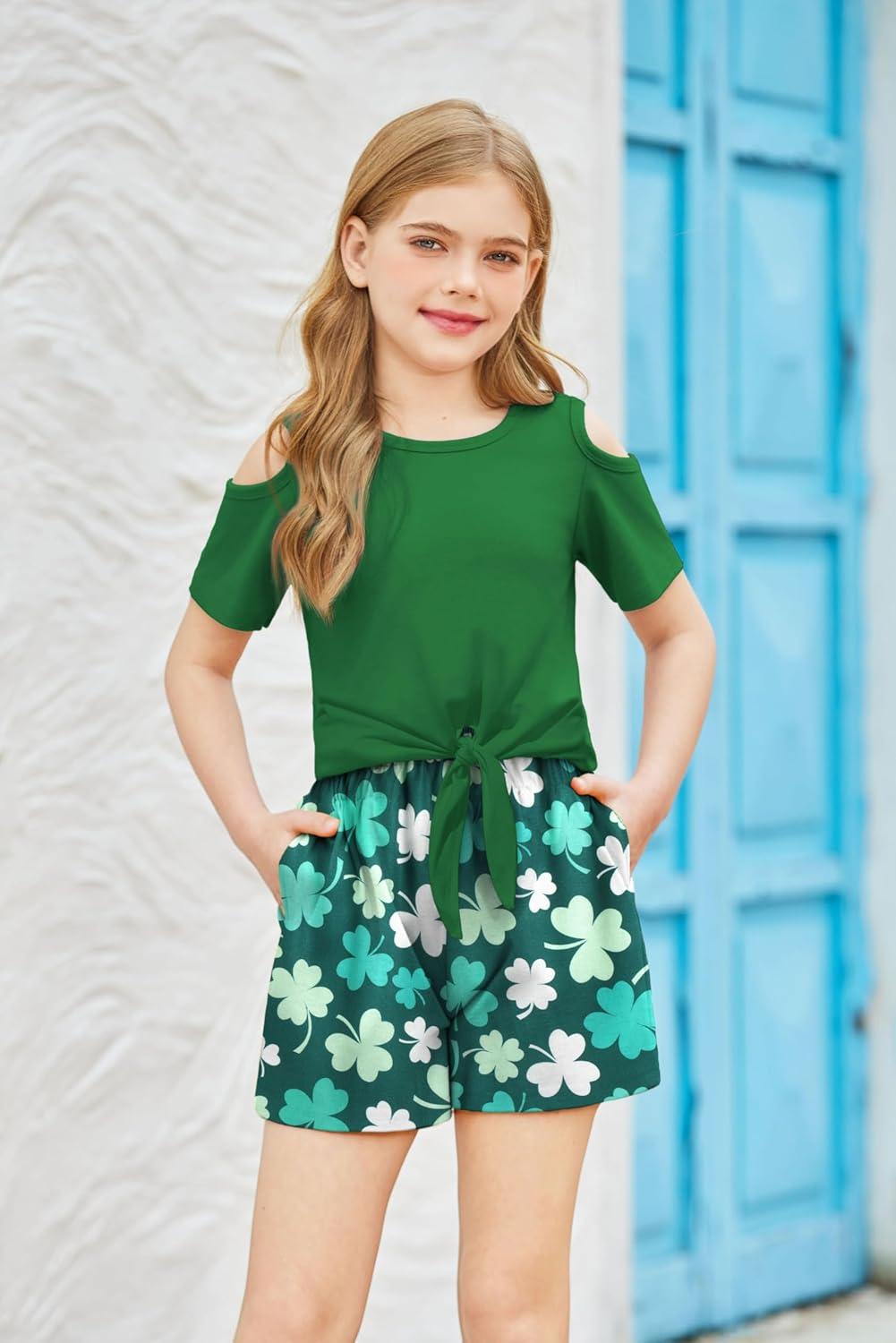 image:imageArshiner Girls Short Sets 2 Pieces Outfits Short Sleeve Tie Knot TShirts and Casual Shorts With Pockets Cute Clothes SetsShamrock