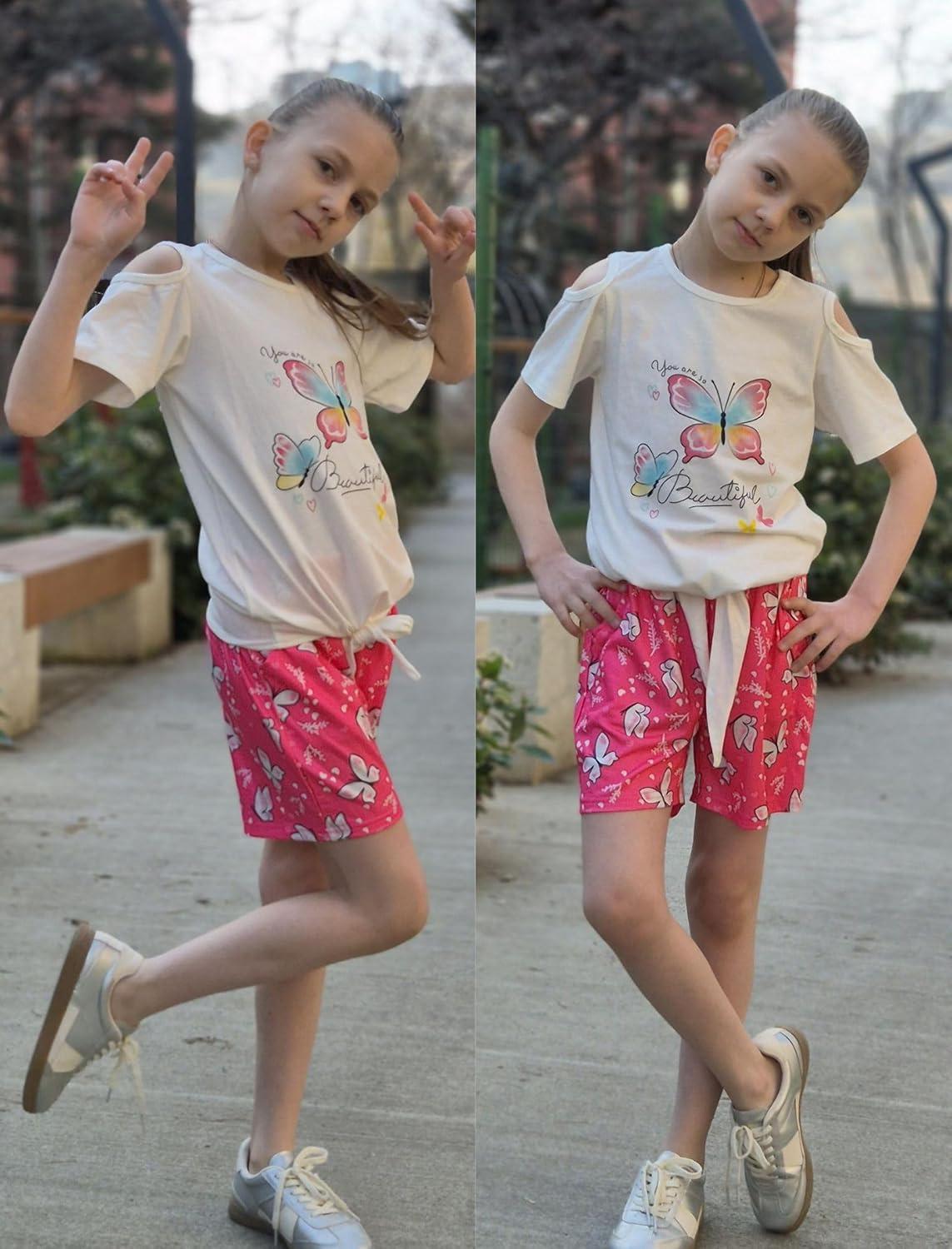 image:imageArshiner Girls Short Sets 2 Pieces Outfits Short Sleeve Tie Knot TShirts and Casual Shorts With Pockets Cute Clothes SetsWhite Butterfly Print