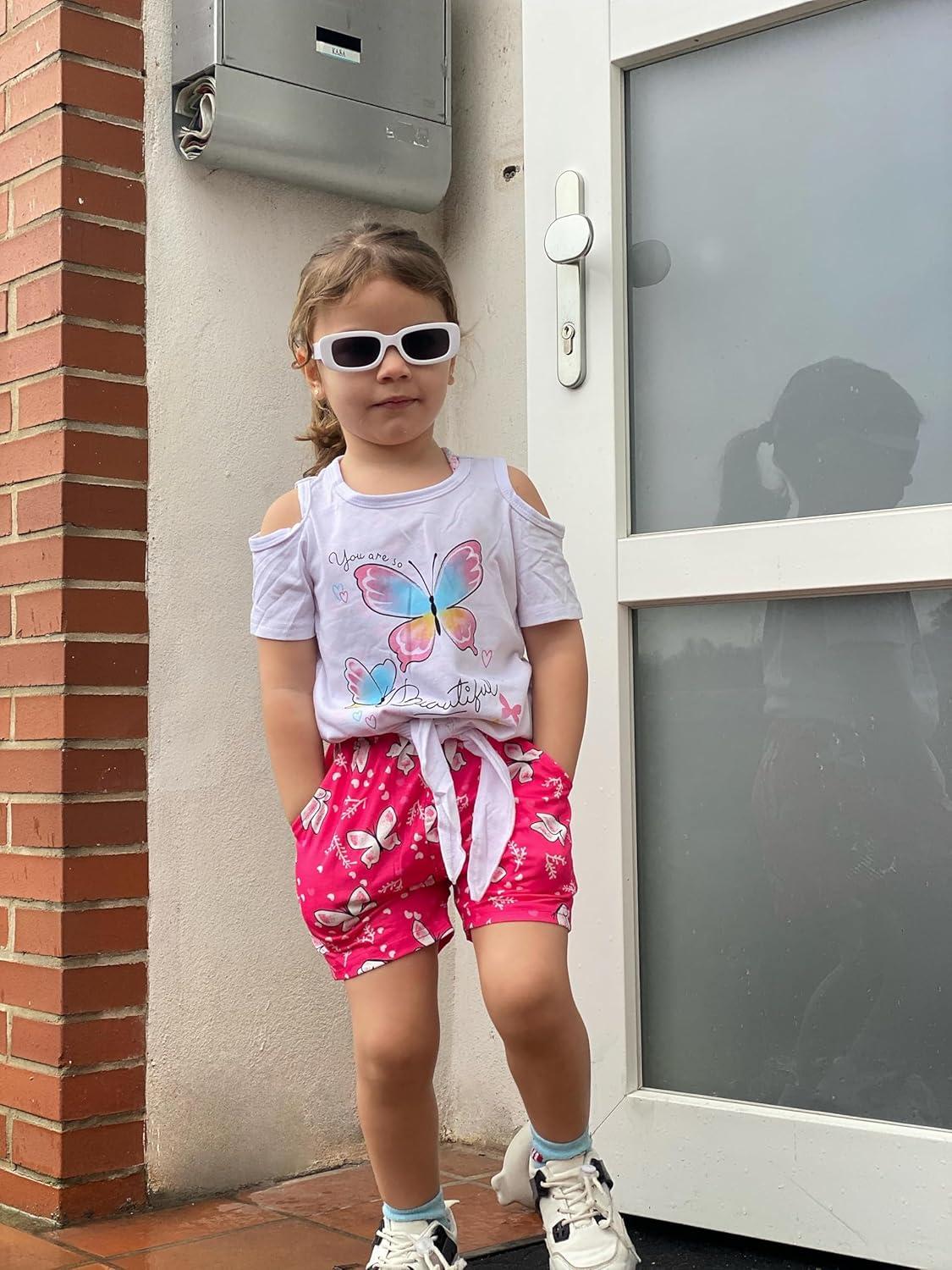 image:imageArshiner Girls Short Sets 2 Pieces Outfits Short Sleeve Tie Knot TShirts and Casual Shorts With Pockets Cute Clothes SetsWhite Butterfly Print