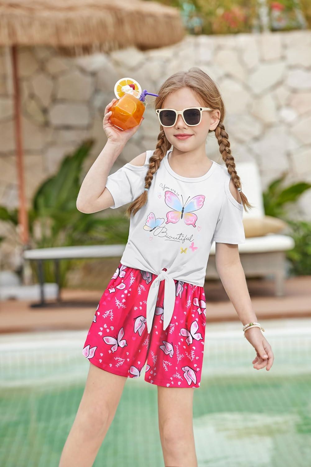 image:imageArshiner Girls Short Sets 2 Pieces Outfits Short Sleeve Tie Knot TShirts and Casual Shorts With Pockets Cute Clothes SetsWhite Butterfly Print