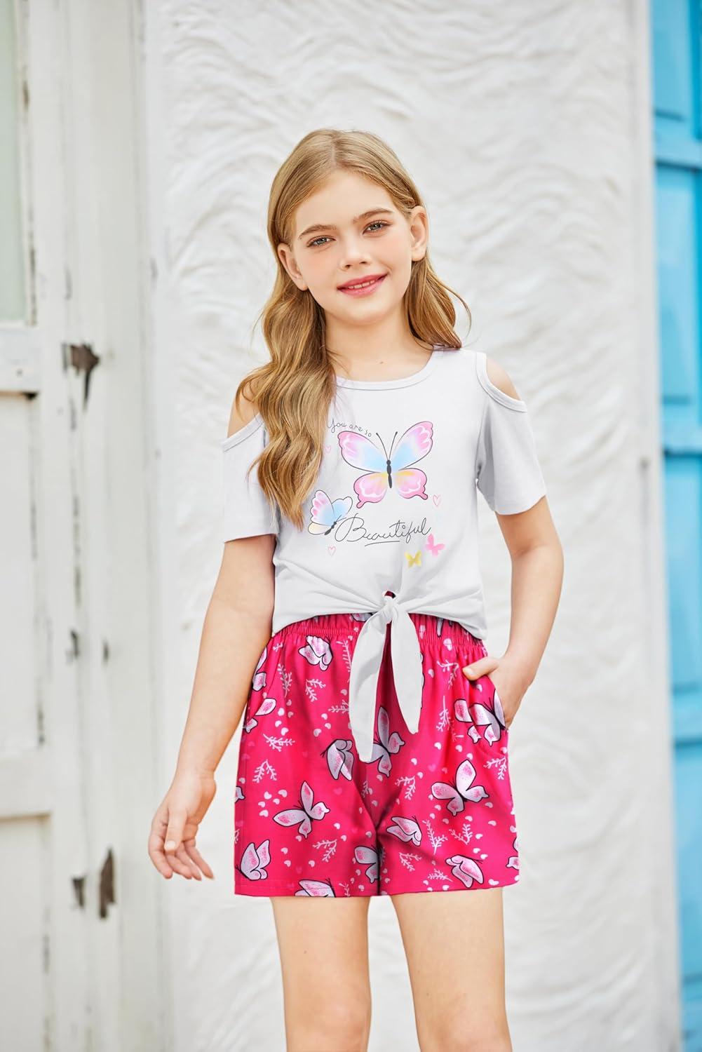 image:imageArshiner Girls Short Sets 2 Pieces Outfits Short Sleeve Tie Knot TShirts and Casual Shorts With Pockets Cute Clothes SetsWhite Butterfly Print