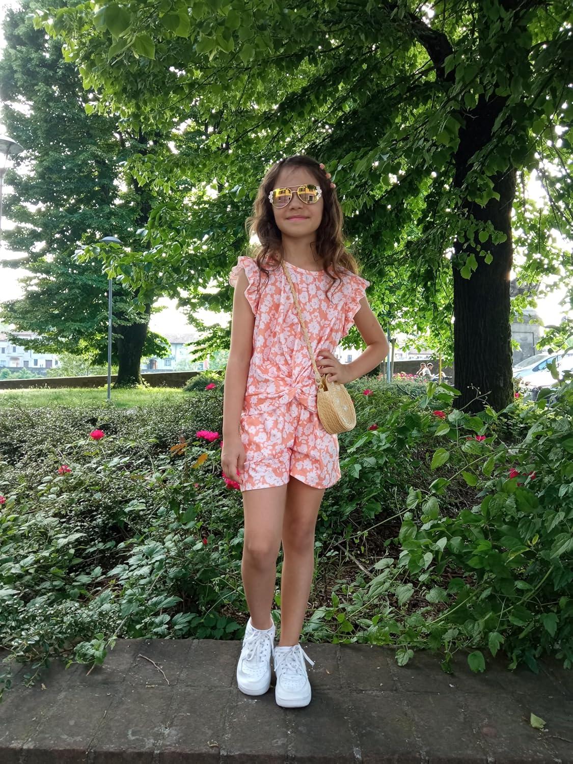 image:imageArshiner Girls Shorts Sets 2 Pieces Outfits Twist Front Ruffle Sleeve TShirts and Shorts With Pockets Cute Clothes SetsOrange Floral Print