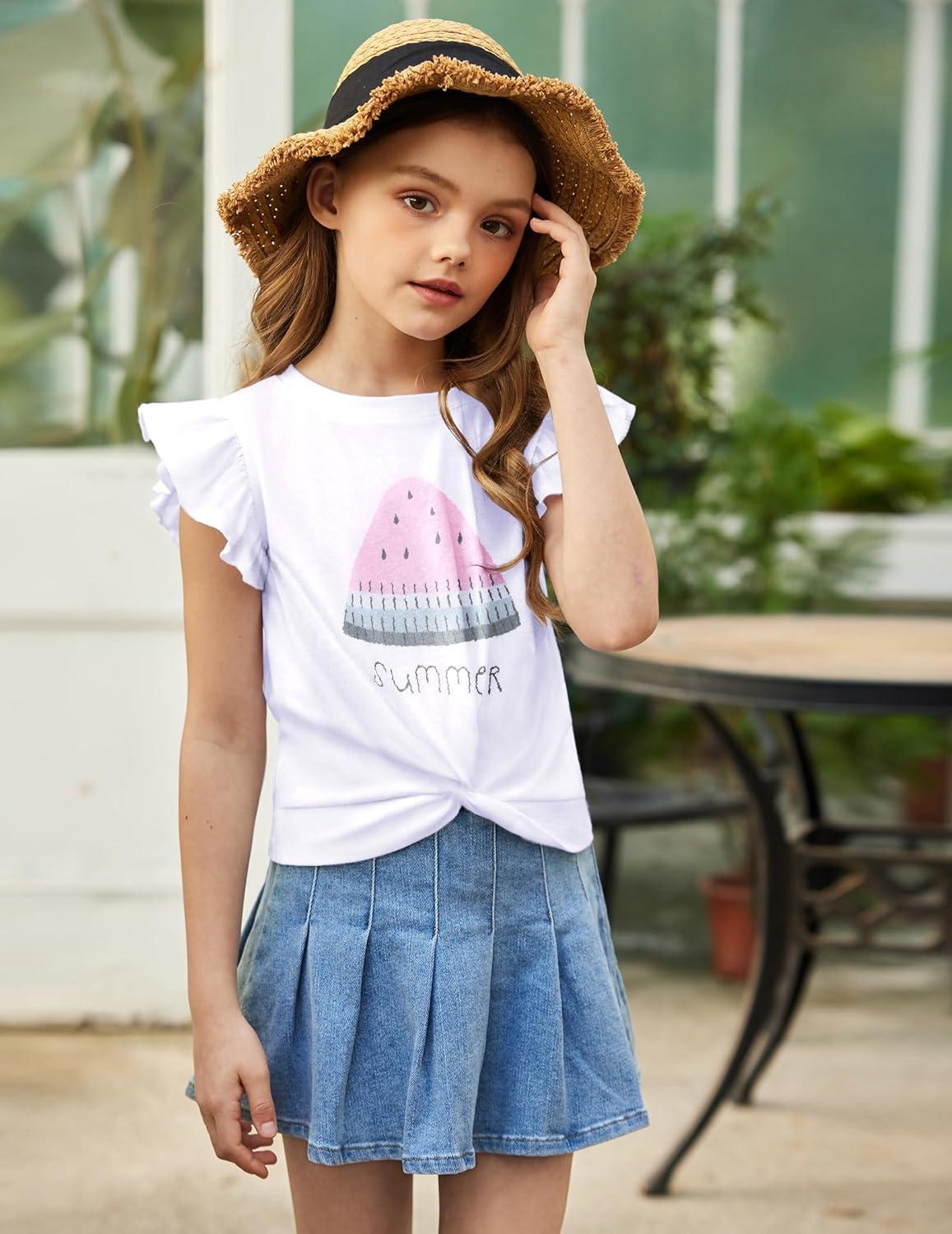 image:imageArshiner Girls Shorts Sets 2 Pieces Outfits Twist Front Ruffle Sleeve TShirts and Shorts With Pockets Cute Clothes SetsSummer