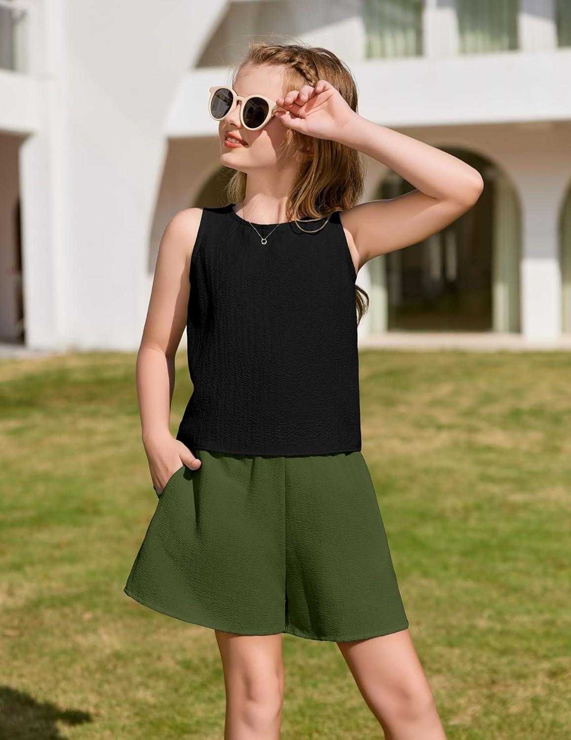 image:imageArshiner Girls Summer 2 Piece Outfit Sleeveless Top and Paperbag Waist Shorts with Pockets Kids Shorts Set Ages 513Army Green