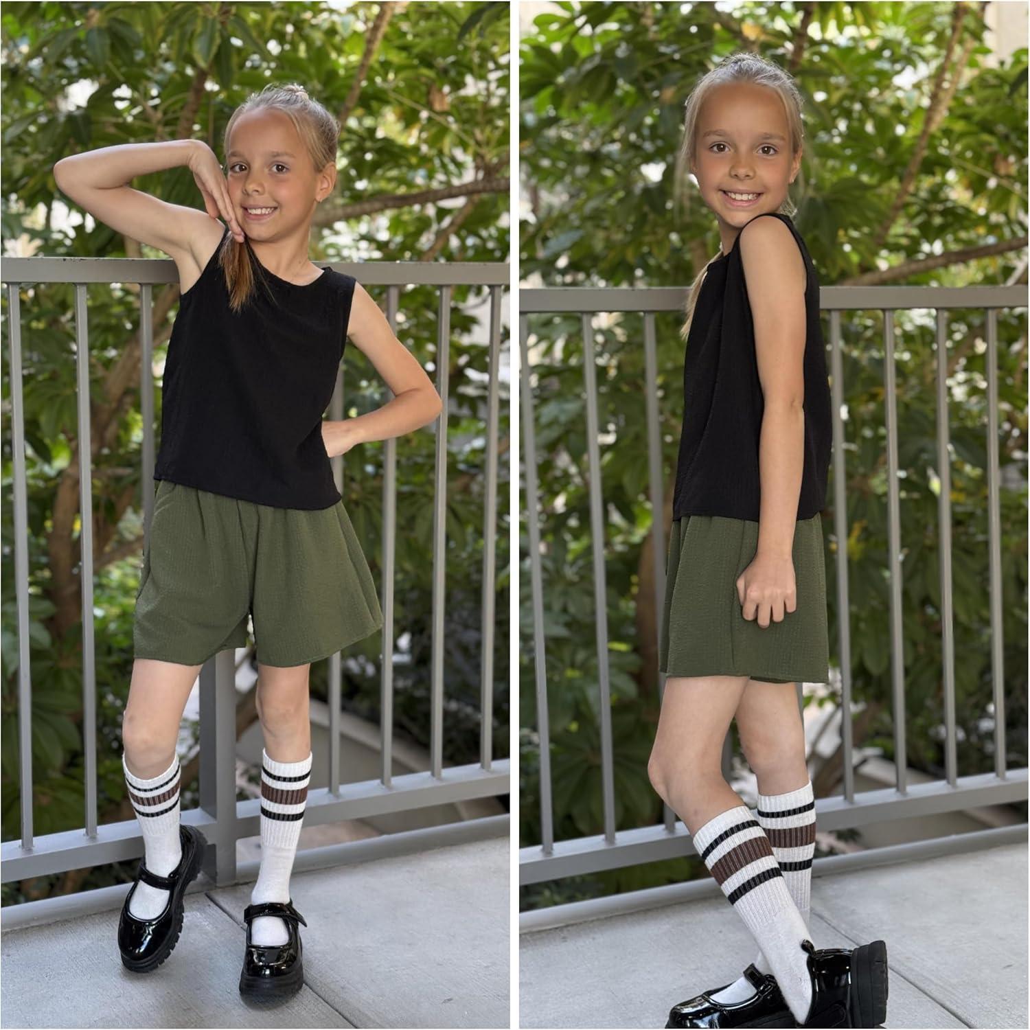 image:imageArshiner Girls Summer 2 Piece Outfit Sleeveless Top and Paperbag Waist Shorts with Pockets Kids Shorts Set Ages 513Army Green