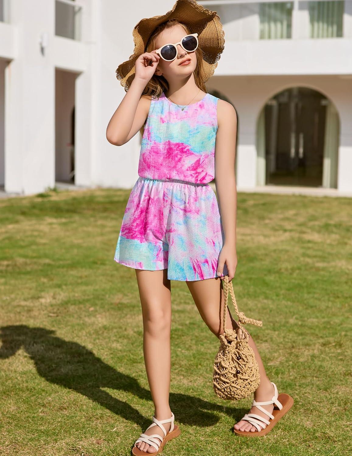 image:imageArshiner Girls Summer 2 Piece Outfit Sleeveless Top and Paperbag Waist Shorts with Pockets Kids Shorts Set Ages 513Blue Pink Tie Dye