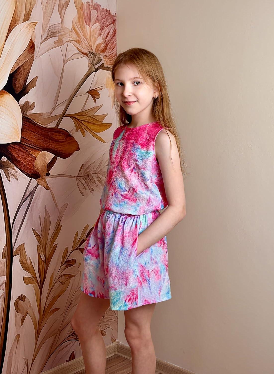 image:imageArshiner Girls Summer 2 Piece Outfit Sleeveless Top and Paperbag Waist Shorts with Pockets Kids Shorts Set Ages 513Blue Pink Tie Dye