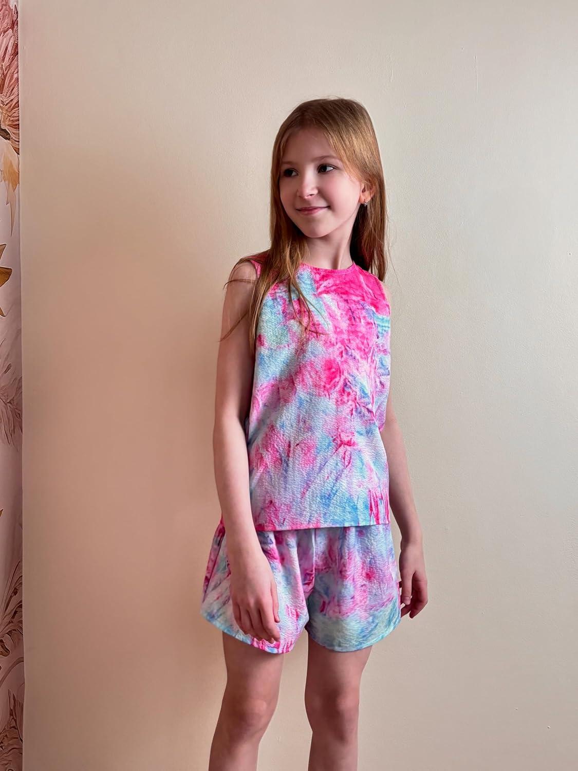 image:imageArshiner Girls Summer 2 Piece Outfit Sleeveless Top and Paperbag Waist Shorts with Pockets Kids Shorts Set Ages 513Blue Pink Tie Dye