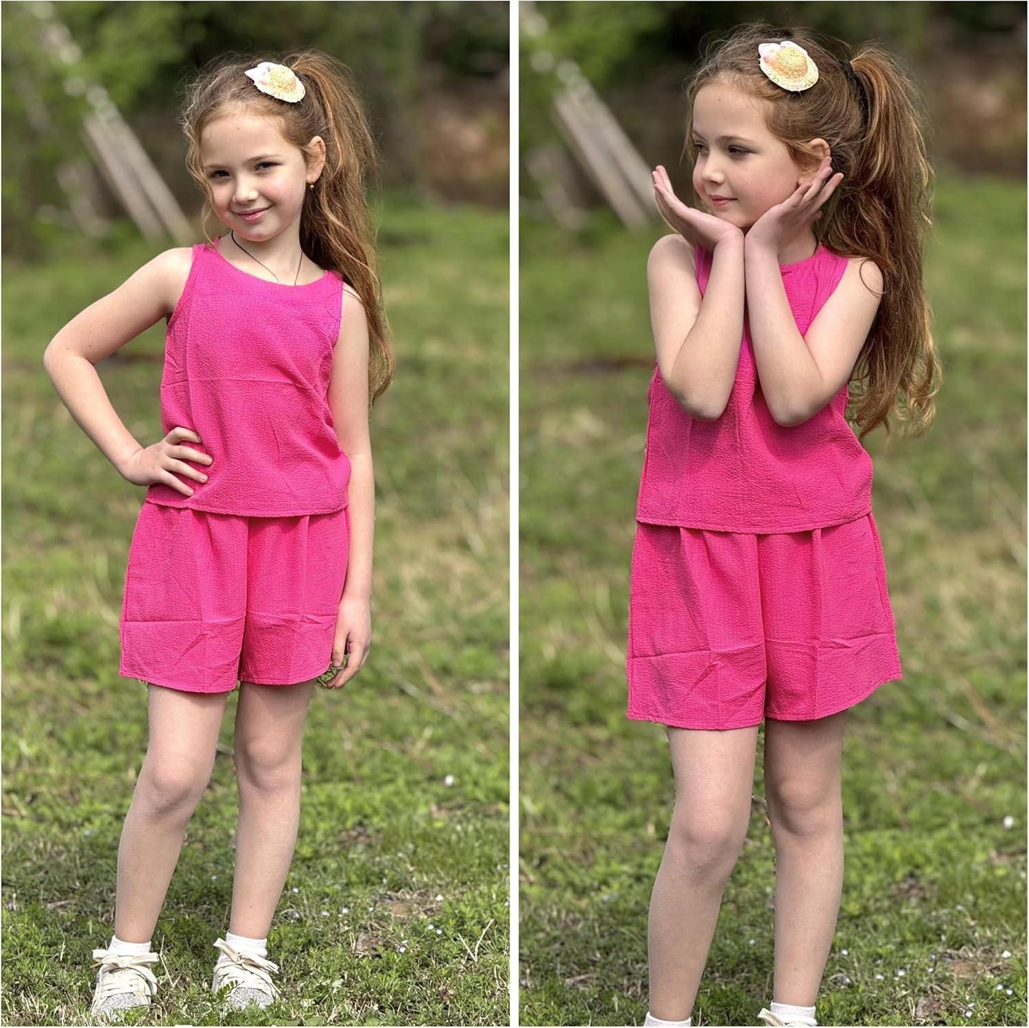 image:imageArshiner Girls Summer 2 Piece Outfit Sleeveless Top and Paperbag Waist Shorts with Pockets Kids Shorts Set Ages 513Hot Pink