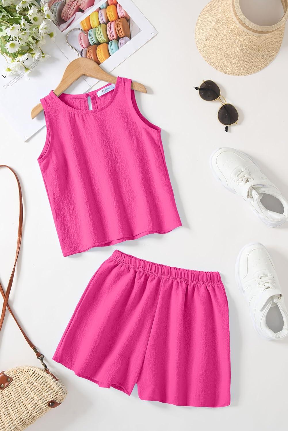 image:imageArshiner Girls Summer 2 Piece Outfit Sleeveless Top and Paperbag Waist Shorts with Pockets Kids Shorts Set Ages 513Hot Pink