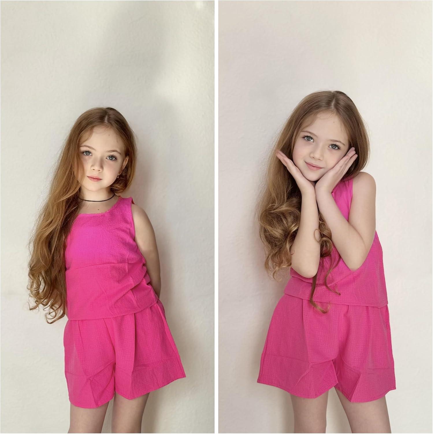 image:imageArshiner Girls Summer 2 Piece Outfit Sleeveless Top and Paperbag Waist Shorts with Pockets Kids Shorts Set Ages 513Hot Pink