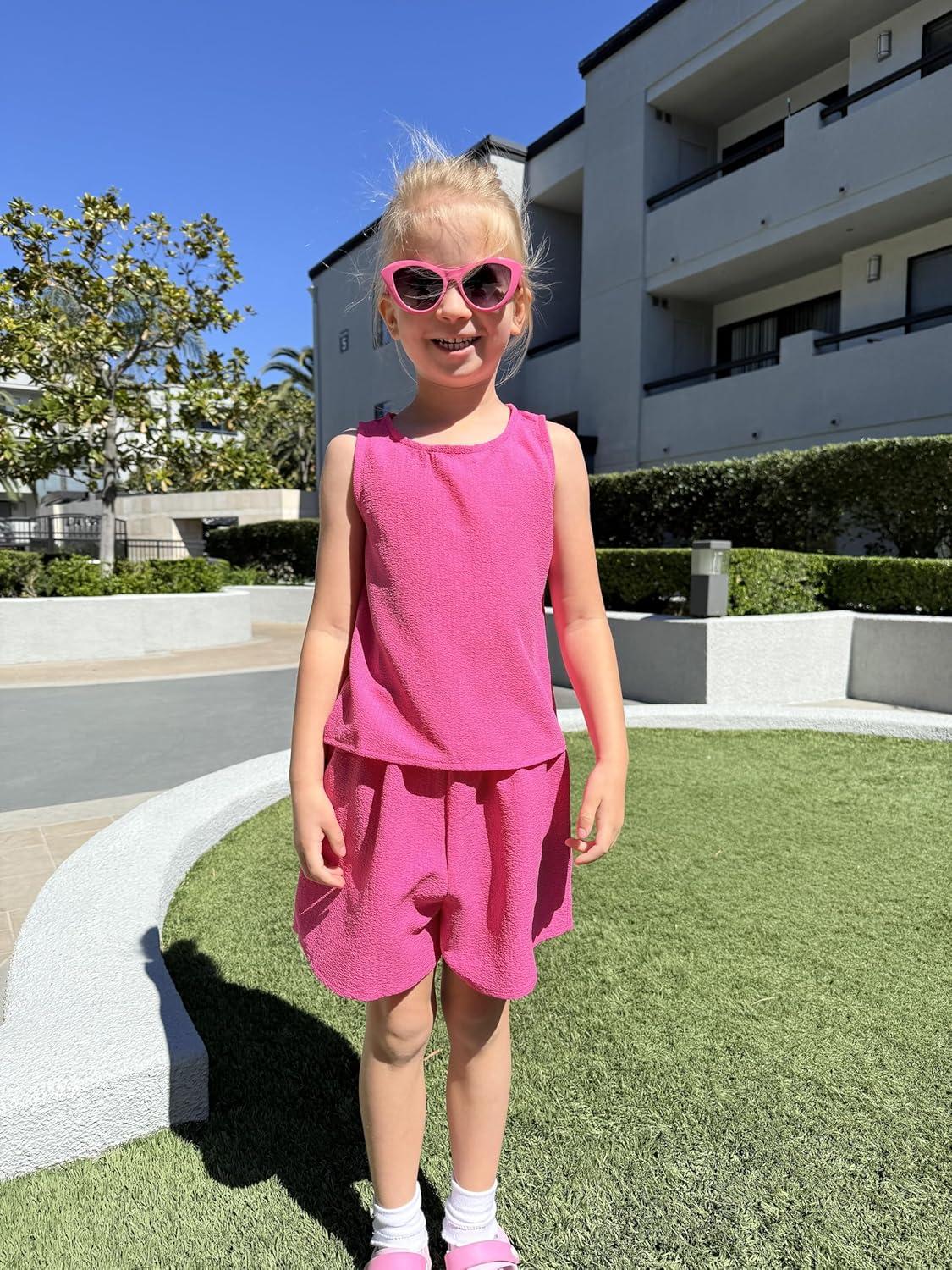 image:imageArshiner Girls Summer 2 Piece Outfit Sleeveless Top and Paperbag Waist Shorts with Pockets Kids Shorts Set Ages 513Hot Pink