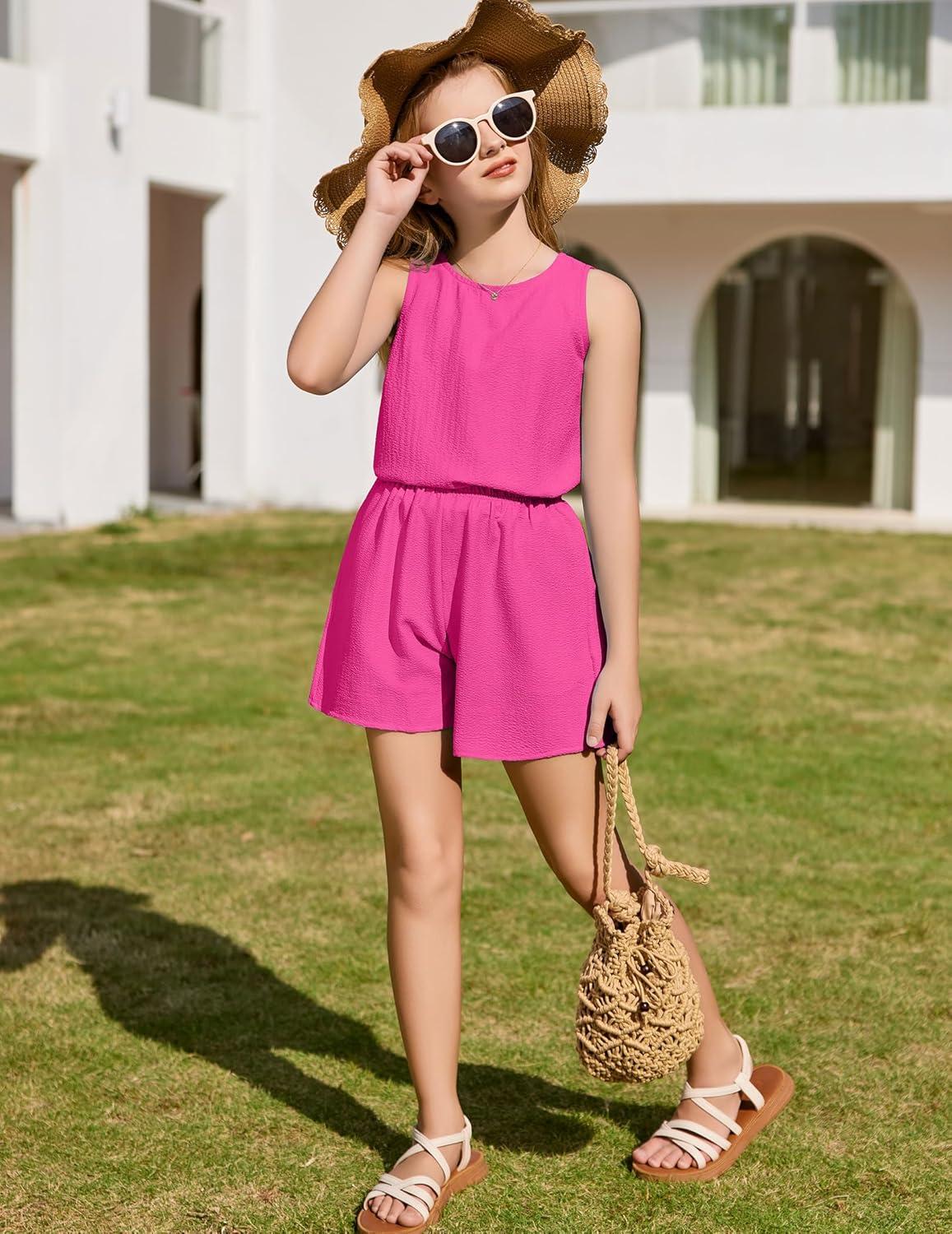 image:imageArshiner Girls Summer 2 Piece Outfit Sleeveless Top and Paperbag Waist Shorts with Pockets Kids Shorts Set Ages 513Hot Pink