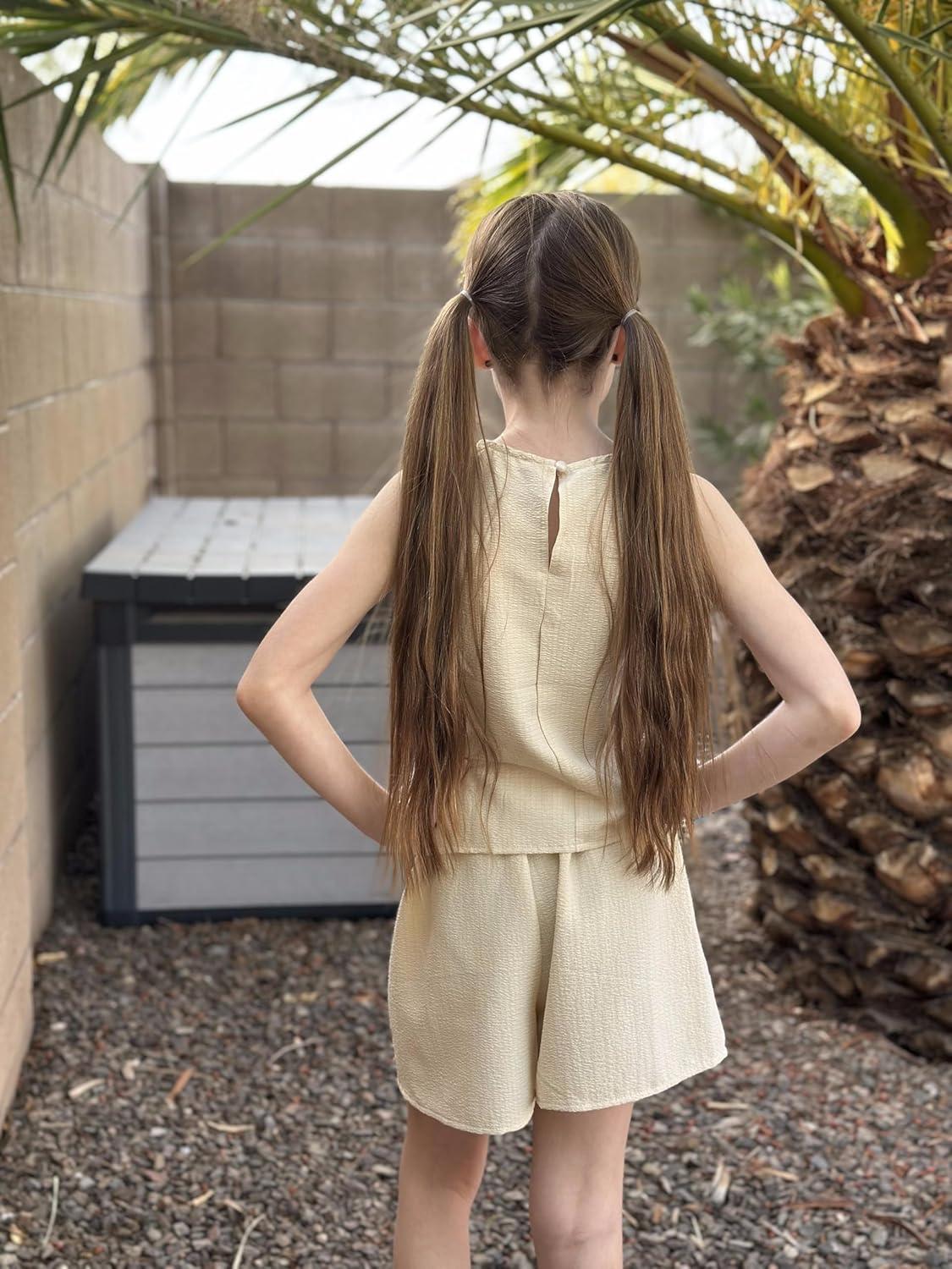 image:imageArshiner Girls Summer 2 Piece Outfit Sleeveless Top and Paperbag Waist Shorts with Pockets Kids Shorts Set Ages 513Kahaki