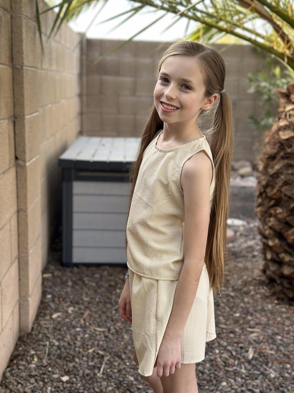 image:imageArshiner Girls Summer 2 Piece Outfit Sleeveless Top and Paperbag Waist Shorts with Pockets Kids Shorts Set Ages 513Kahaki