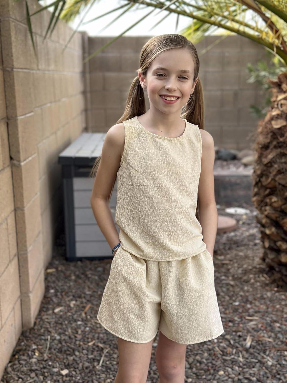 image:imageArshiner Girls Summer 2 Piece Outfit Sleeveless Top and Paperbag Waist Shorts with Pockets Kids Shorts Set Ages 513Kahaki