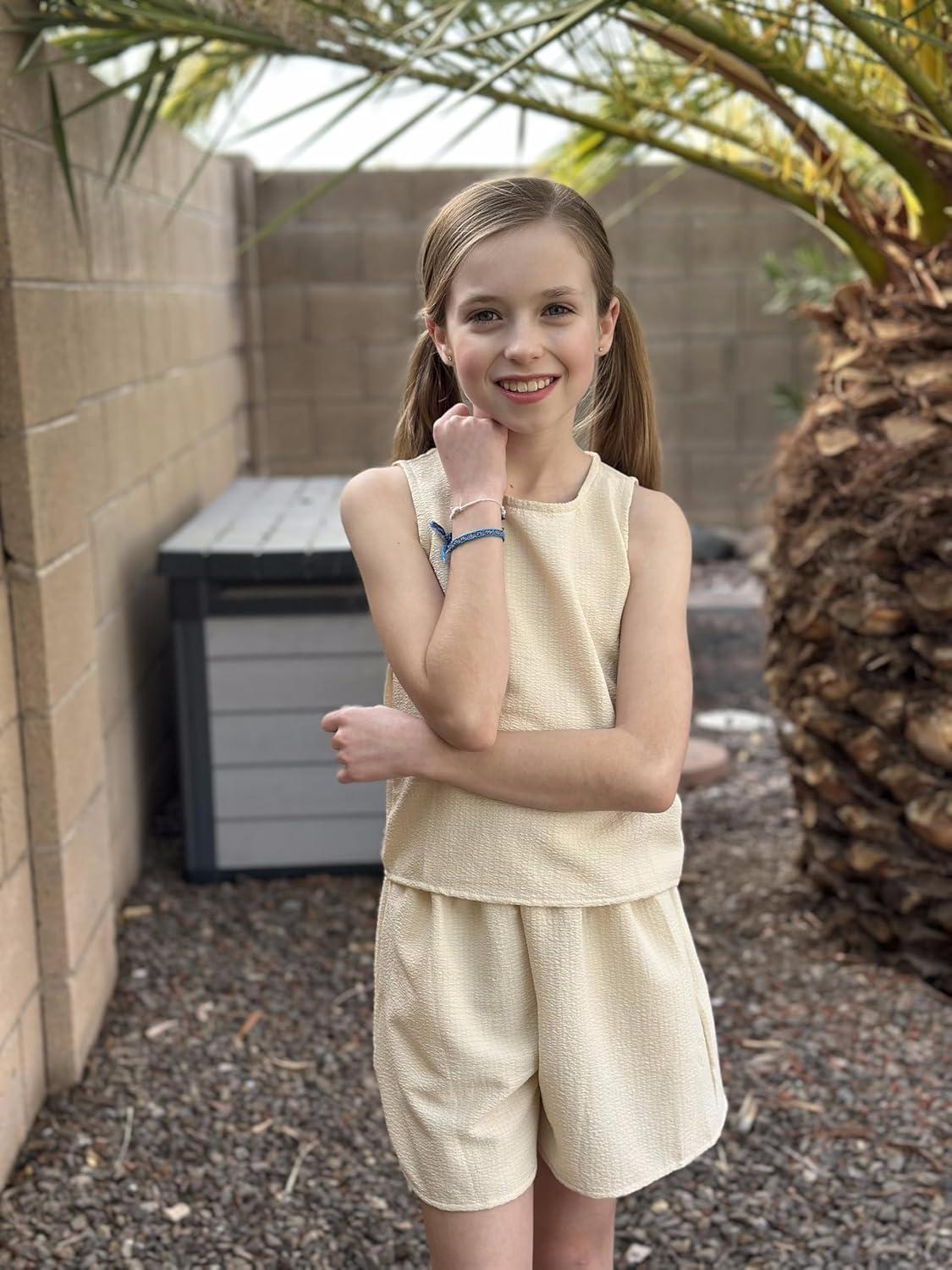 image:imageArshiner Girls Summer 2 Piece Outfit Sleeveless Top and Paperbag Waist Shorts with Pockets Kids Shorts Set Ages 513Kahaki