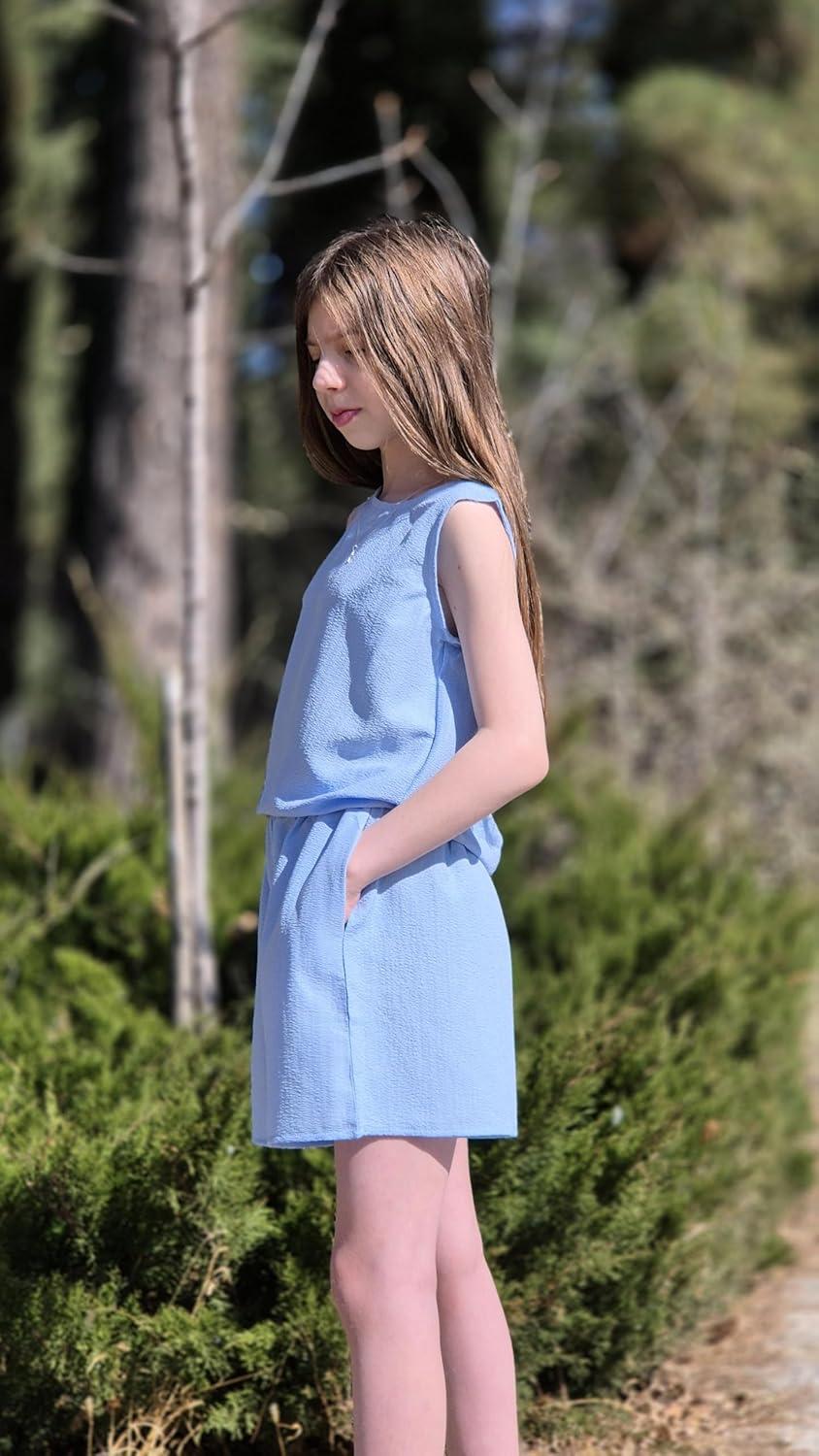 image:imageArshiner Girls Summer 2 Piece Outfit Sleeveless Top and Paperbag Waist Shorts with Pockets Kids Shorts Set Ages 513Light Blue