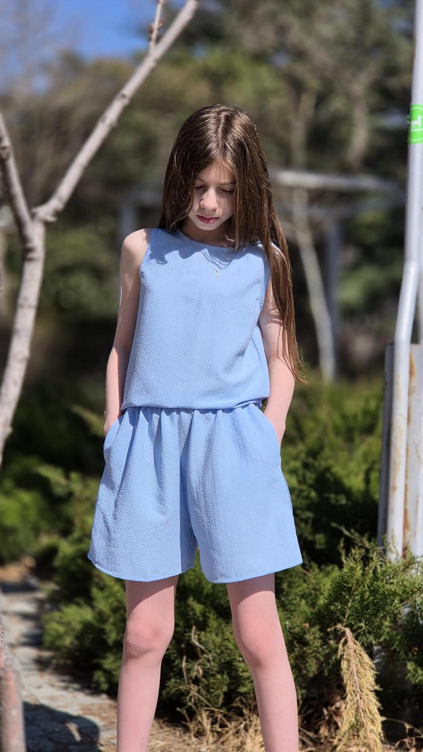 image:imageArshiner Girls Summer 2 Piece Outfit Sleeveless Top and Paperbag Waist Shorts with Pockets Kids Shorts Set Ages 513Light Blue