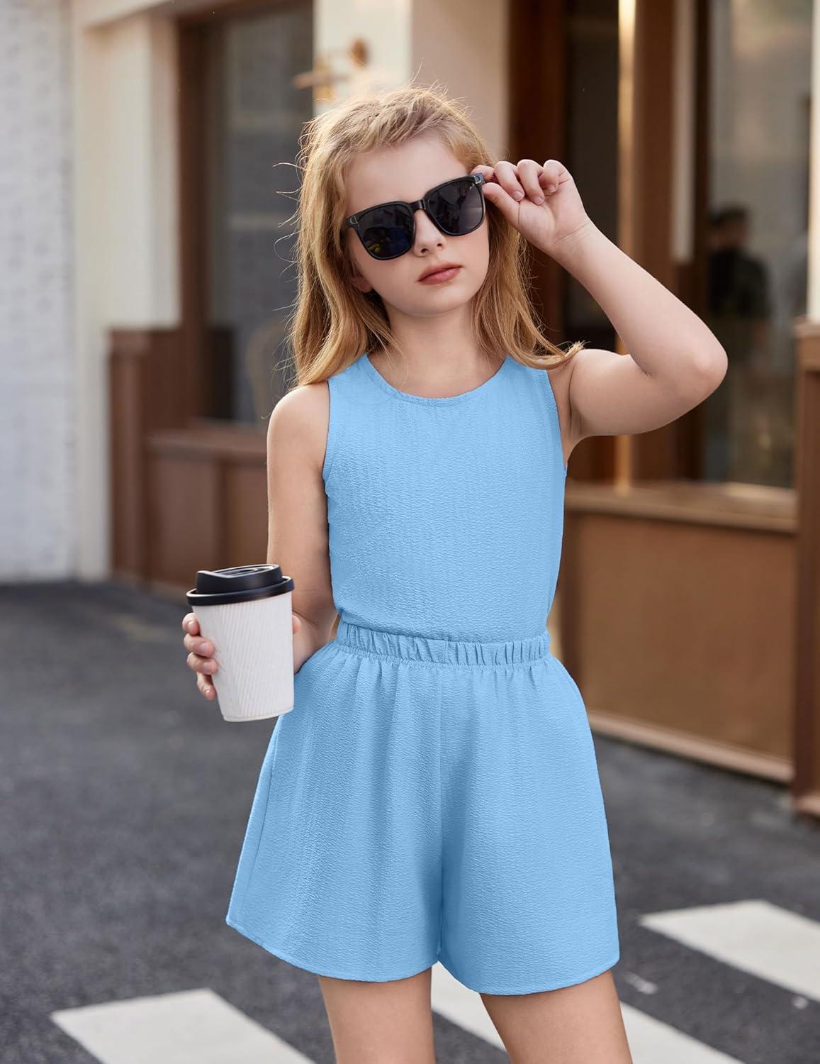 image:imageArshiner Girls Summer 2 Piece Outfit Sleeveless Top and Paperbag Waist Shorts with Pockets Kids Shorts Set Ages 513Light Blue