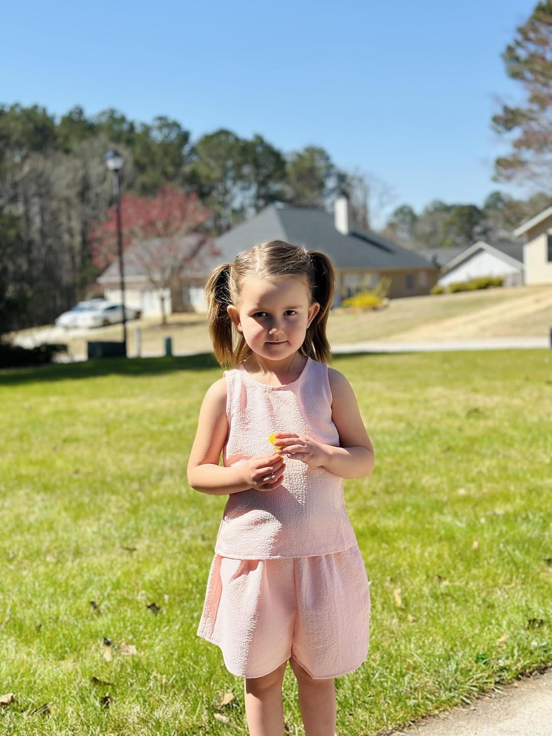 image:imageArshiner Girls Summer 2 Piece Outfit Sleeveless Top and Paperbag Waist Shorts with Pockets Kids Shorts Set Ages 513Light Pink
