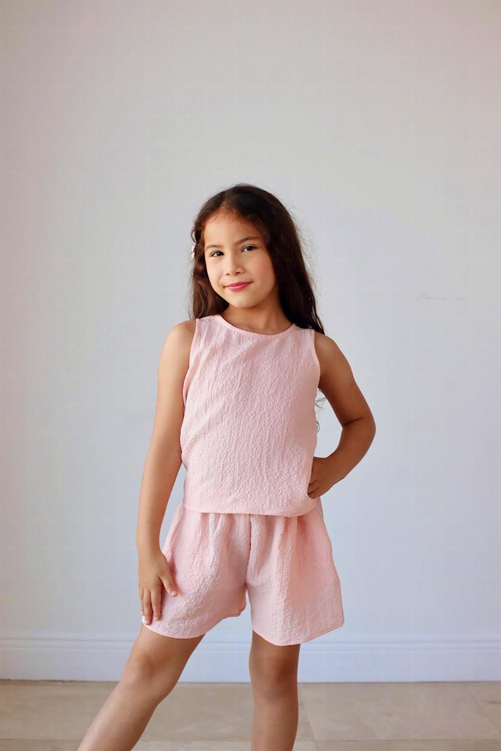 image:imageArshiner Girls Summer 2 Piece Outfit Sleeveless Top and Paperbag Waist Shorts with Pockets Kids Shorts Set Ages 513Light Pink