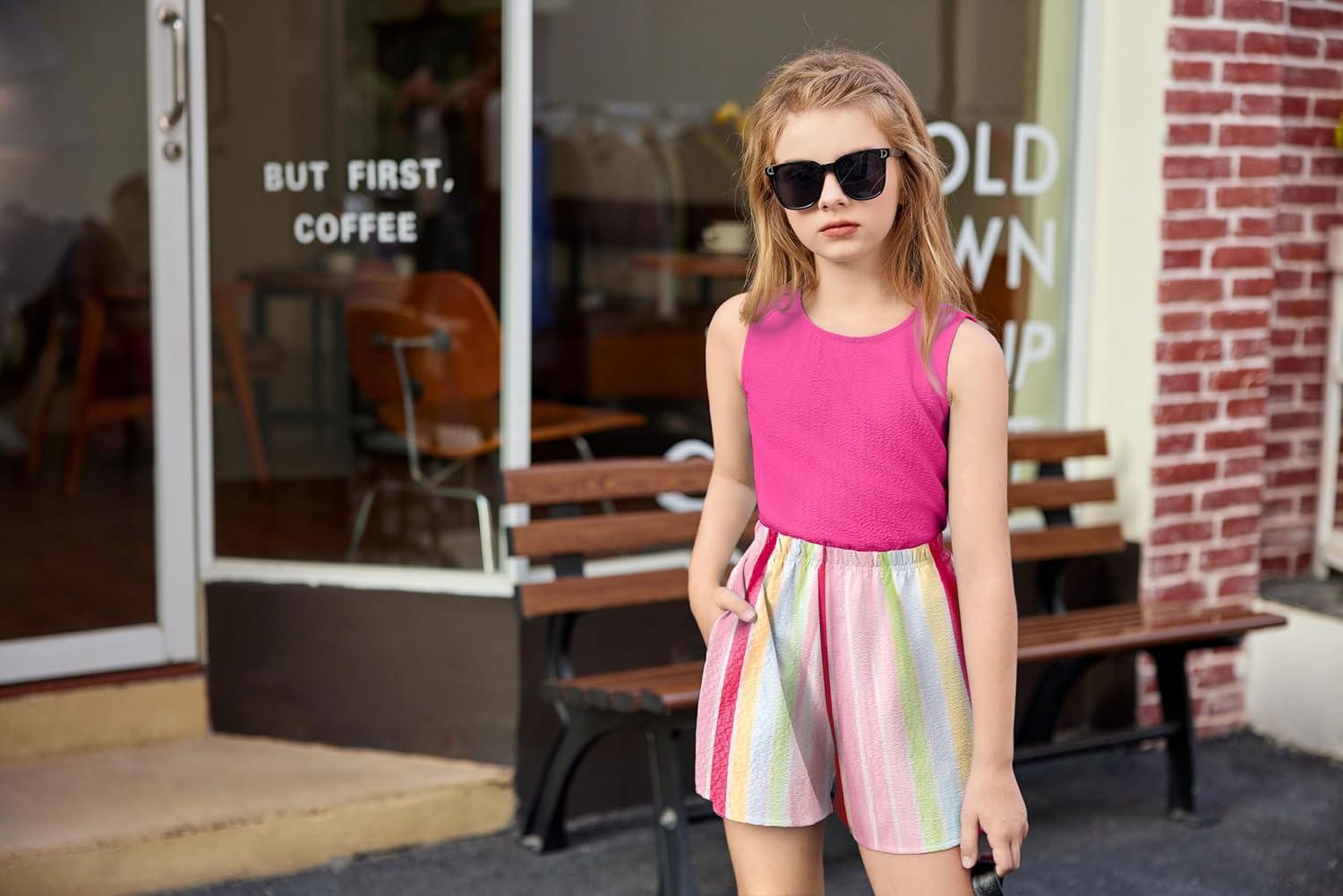 image:imageArshiner Girls Summer 2 Piece Outfit Sleeveless Top and Paperbag Waist Shorts with Pockets Kids Shorts Set Ages 513Pink Stripe