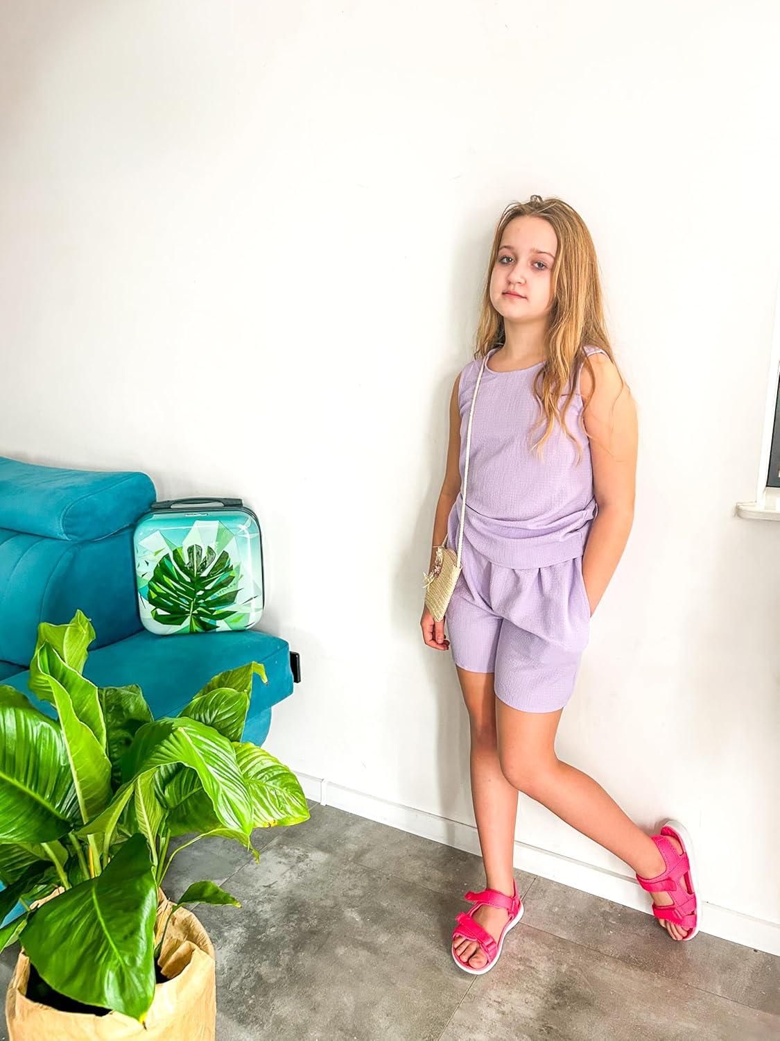 image:imageArshiner Girls Summer 2 Piece Outfit Sleeveless Top and Paperbag Waist Shorts with Pockets Kids Shorts Set Ages 513Purple