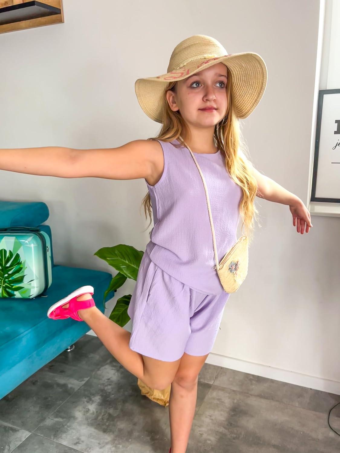 image:imageArshiner Girls Summer 2 Piece Outfit Sleeveless Top and Paperbag Waist Shorts with Pockets Kids Shorts Set Ages 513Purple