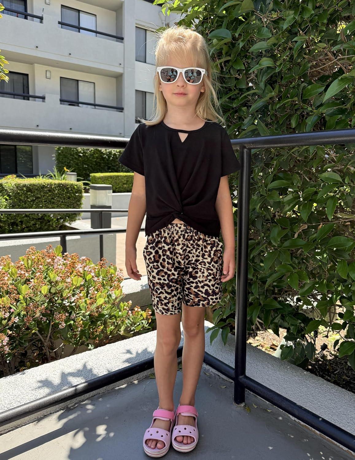 image:imageArshiner Girls Summer 2 Piece Outfits Tie Dye Short Sets Casual Twist Front Short Sleeve Tops and Pant with PocketsBlackleopard