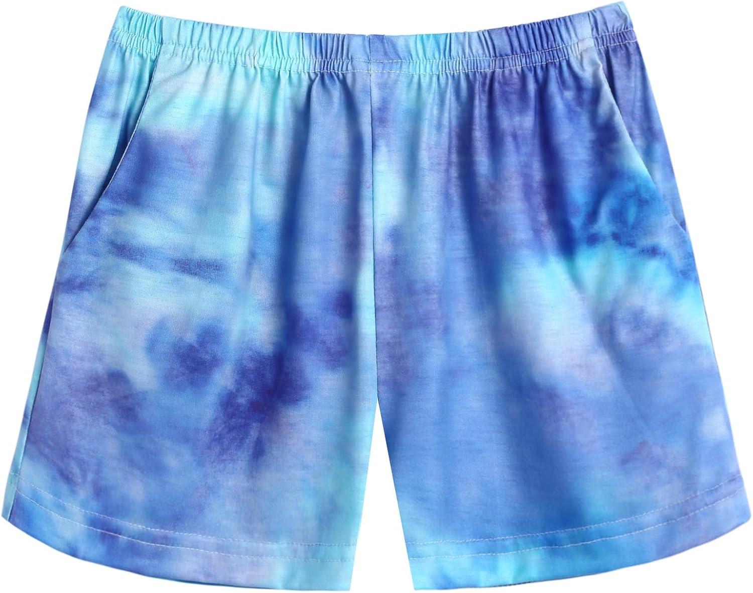 image:imageArshiner Girls Summer 2 Piece Outfits Tie Dye Short Sets Casual Twist Front Short Sleeve Tops and Pant with PocketsBluegreen