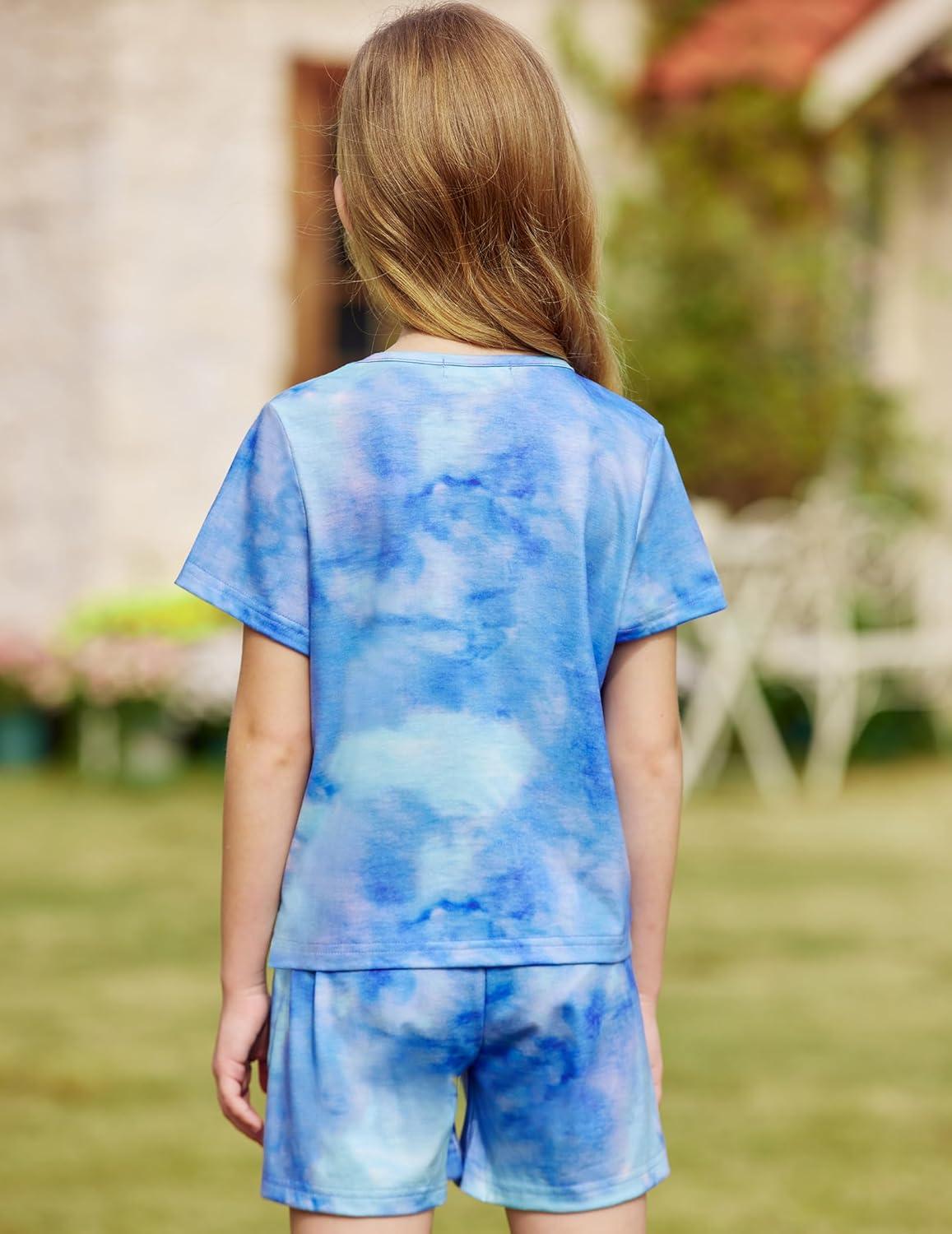 image:imageArshiner Girls Summer 2 Piece Outfits Tie Dye Short Sets Casual Twist Front Short Sleeve Tops and Pant with PocketsBluegreen