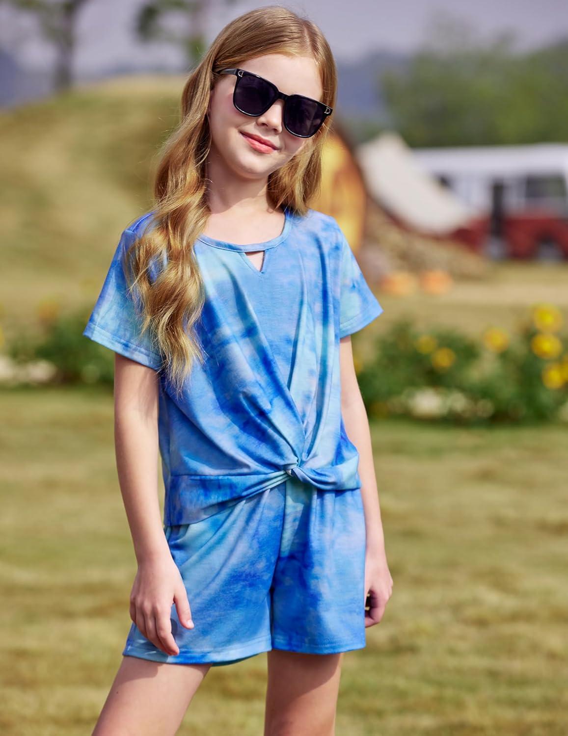 image:imageArshiner Girls Summer 2 Piece Outfits Tie Dye Short Sets Casual Twist Front Short Sleeve Tops and Pant with PocketsBluegreen