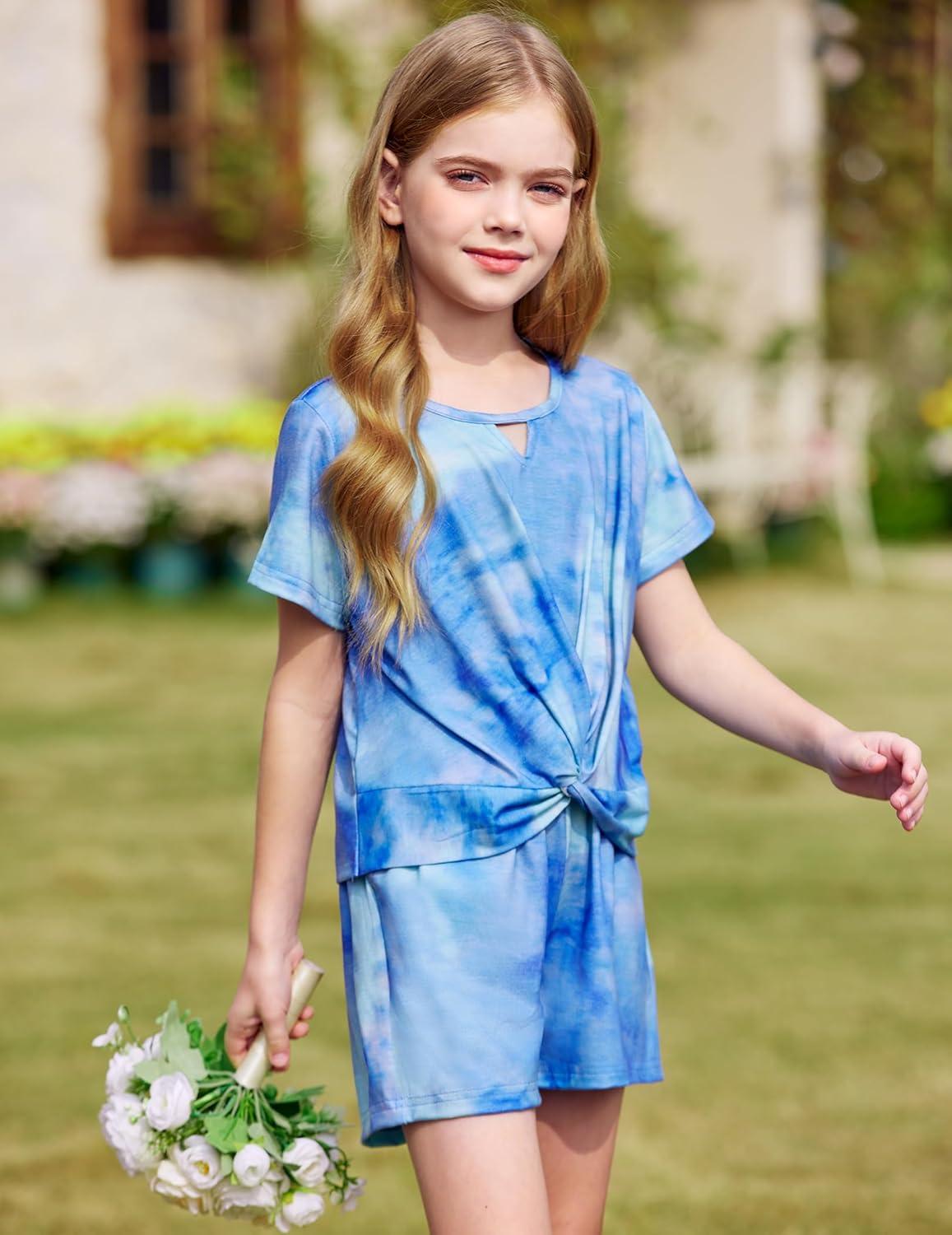 image:imageArshiner Girls Summer 2 Piece Outfits Tie Dye Short Sets Casual Twist Front Short Sleeve Tops and Pant with PocketsBluegreen