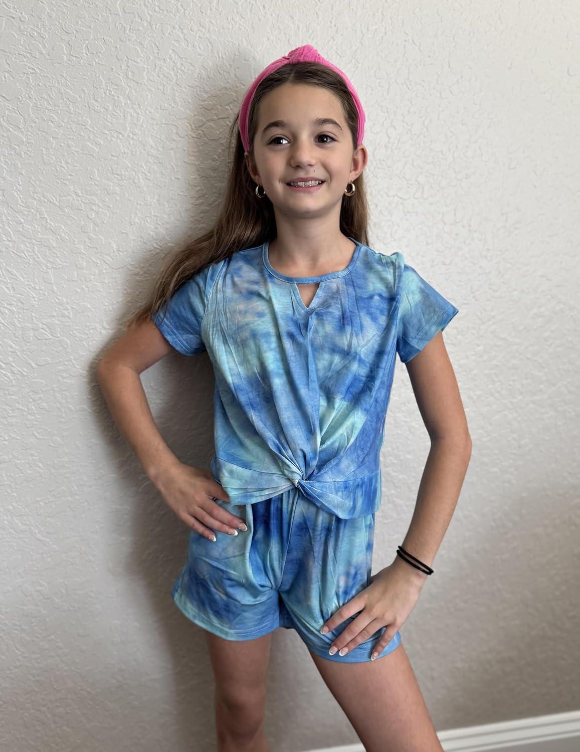 image:imageArshiner Girls Summer 2 Piece Outfits Tie Dye Short Sets Casual Twist Front Short Sleeve Tops and Pant with PocketsBluegreen