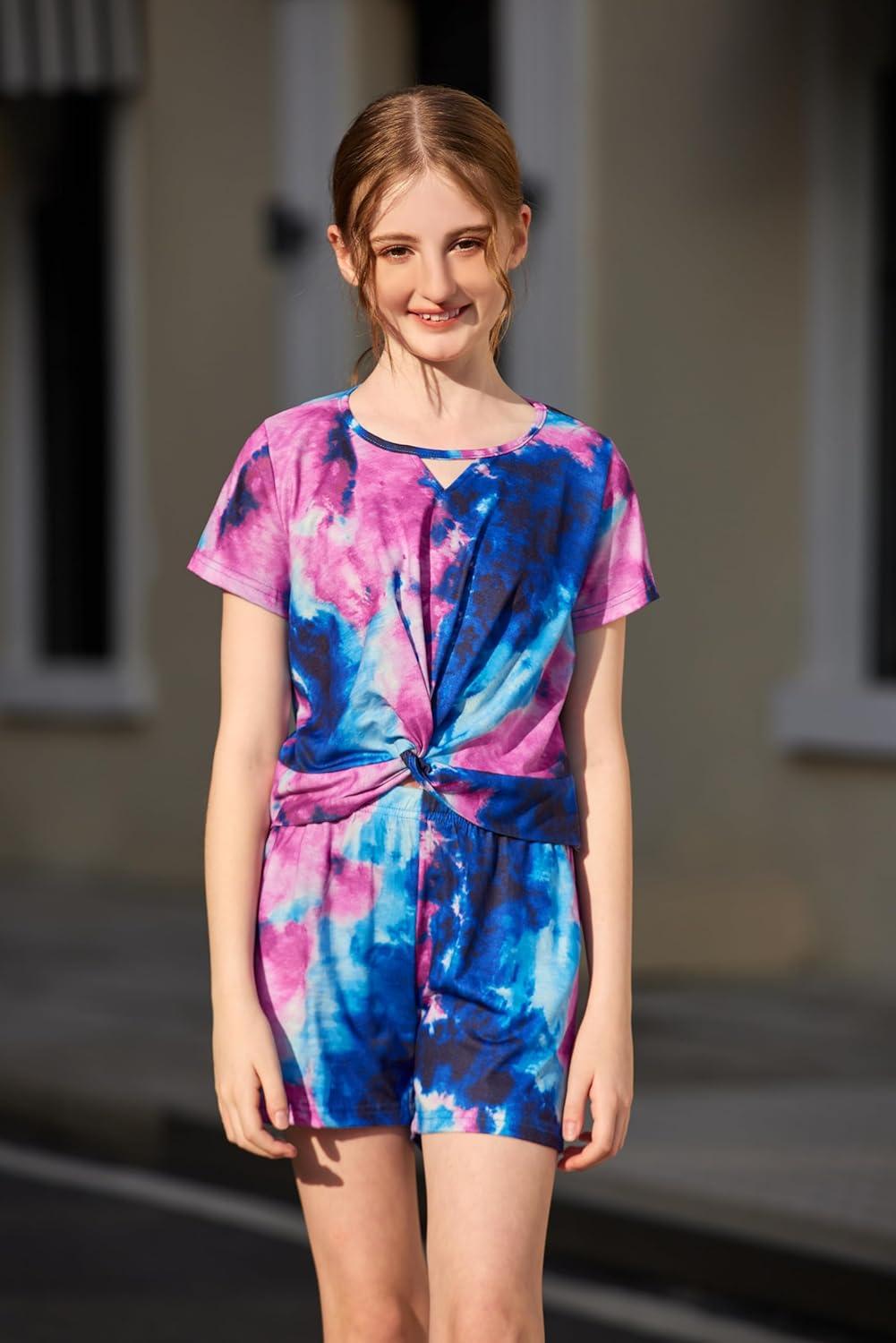image:imageArshiner Girls Summer 2 Piece Outfits Tie Dye Short Sets Casual Twist Front Short Sleeve Tops and Pant with PocketsDark Purpledark Blue