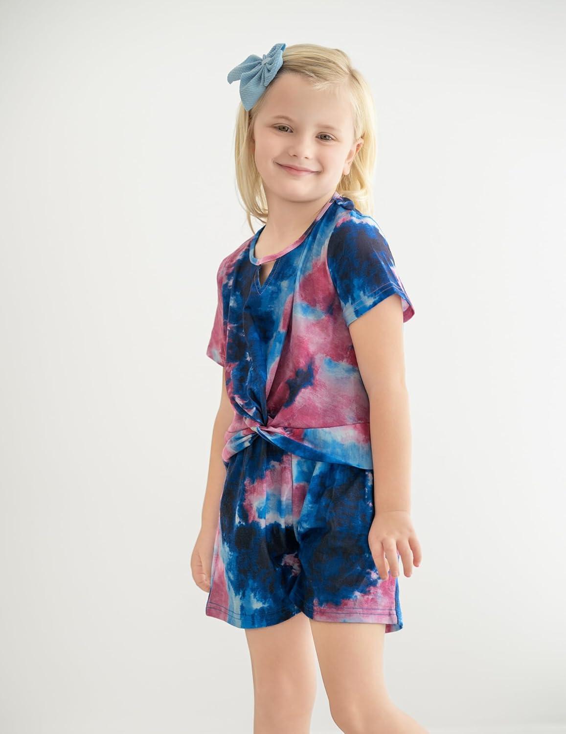 image:imageArshiner Girls Summer 2 Piece Outfits Tie Dye Short Sets Casual Twist Front Short Sleeve Tops and Pant with PocketsDark Purpledark Blue