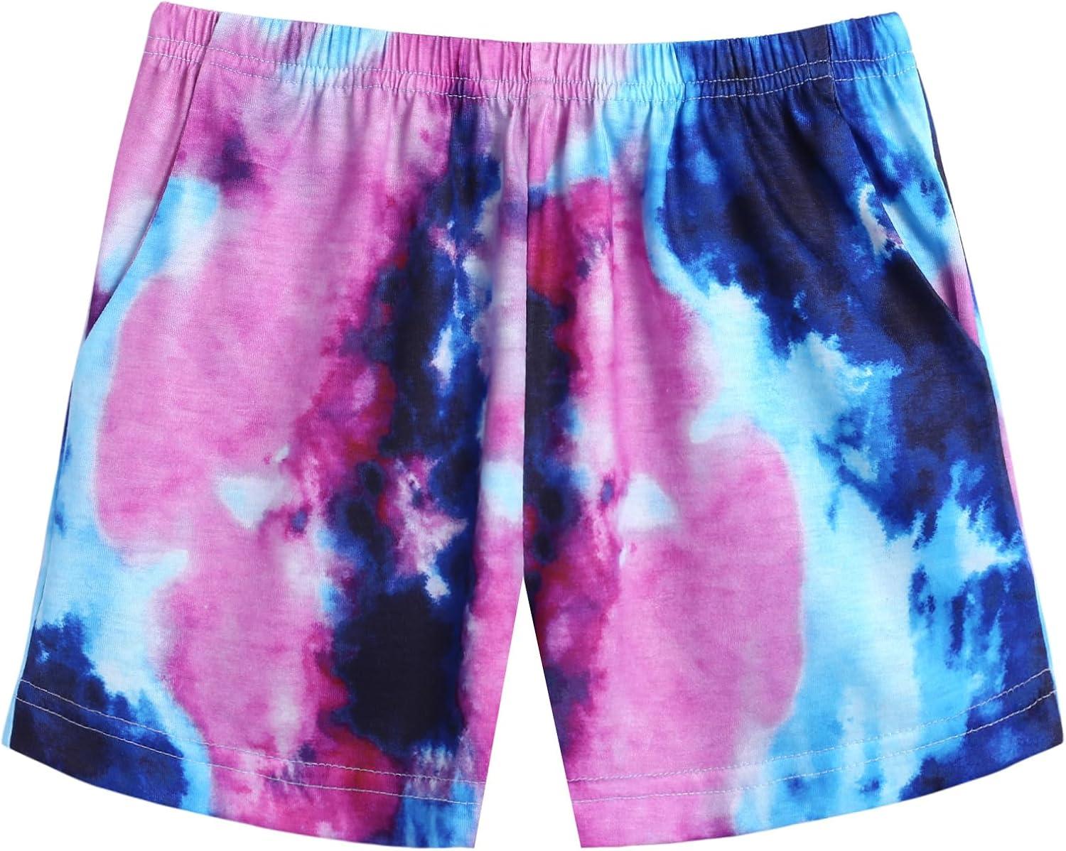 image:imageArshiner Girls Summer 2 Piece Outfits Tie Dye Short Sets Casual Twist Front Short Sleeve Tops and Pant with PocketsDark Purpledark Blue